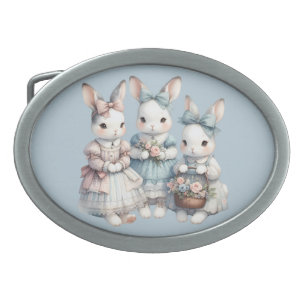 Cottage Bunny Sisters Watercolor Illustration Belt Buckle