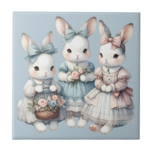 Cottage Bunny Sisters Watercolor Illustration Ceramic Tile