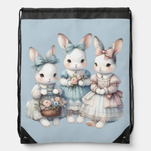 Cottage Bunny Sisters Watercolor Illustration Drawstring Bag
