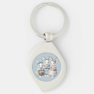 Cottage Bunny Sisters Watercolor Illustration Keychain