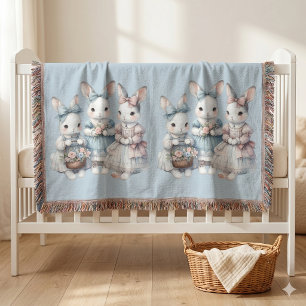 Cottage Bunny Sisters Watercolor Illustration Throw Blanket