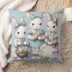 Cottage Bunny Sisters Watercolor Illustration Throw Pillow