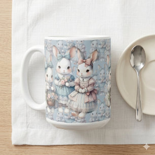 Cottage Bunny Sisters Watercolor Tile Coffee Mug