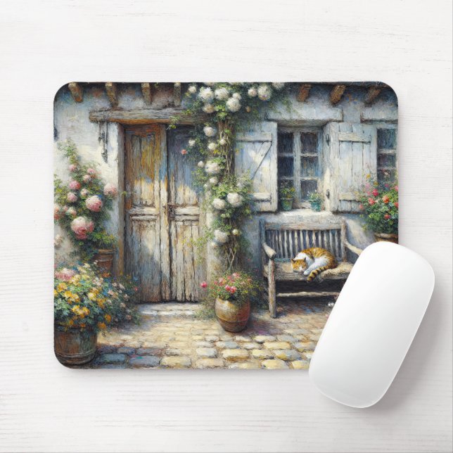 Cottage Cat On Wooden Bench Mouse Pad (With Mouse)