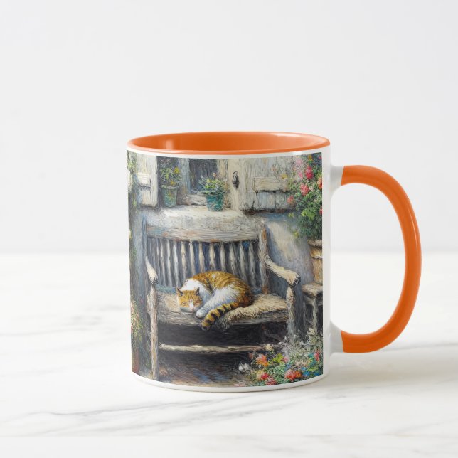Cottage Cat On Wooden Bench Mug (Right)