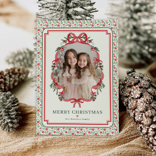 Cottage Chic Floral Red Bow Christmas Photo Holiday Card