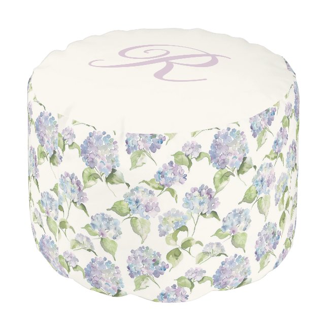 Cottage Chic Hydrangea floral Script Initial Pouf (Angled Back)