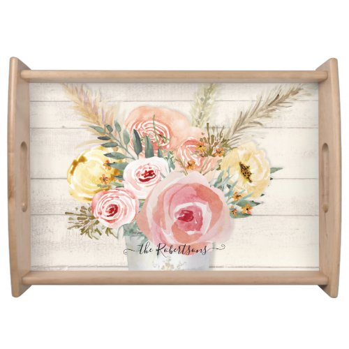 Cottage Chic Pink Floral Watercolor Rustic Wood Serving Tray