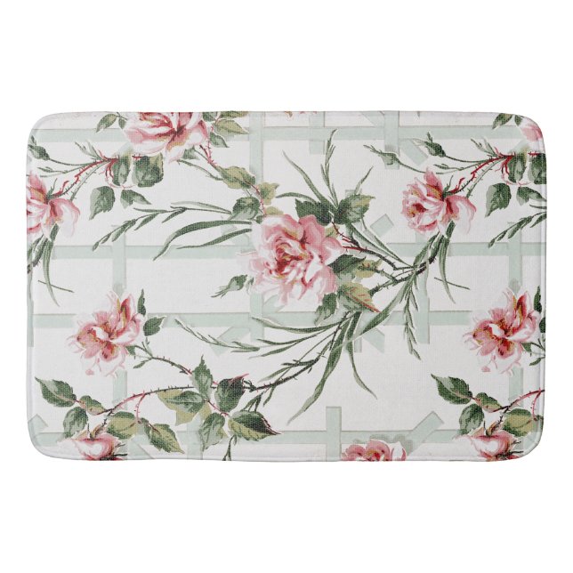 Cottage Chic Pink Roses on Trellis Bath Mat (Front)