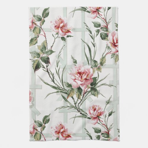 Cottage Chic Pink Roses on Trellis Kitchen Towel