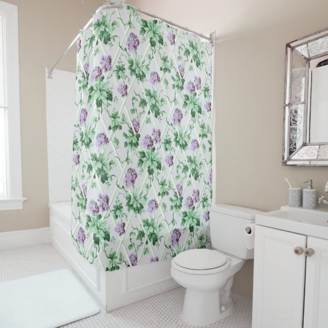 Cottage Chic Purple Hydrangeas on Trellis Shower Curtain (In Situ)