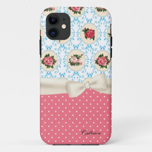 Cottage Chic Roses  Polka Dots iPhone 11 Case