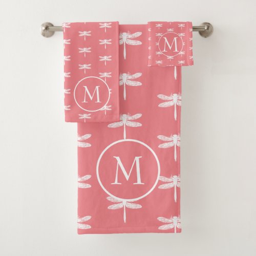 Cottage Coral Pink and White Dragonfly Monogram Bath Towel Set