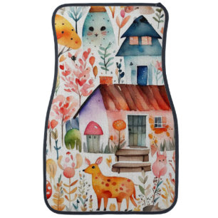 Cottage core floral countryside animals houses car floor mat