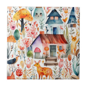 Cottage core floral countryside animals houses ceramic tile