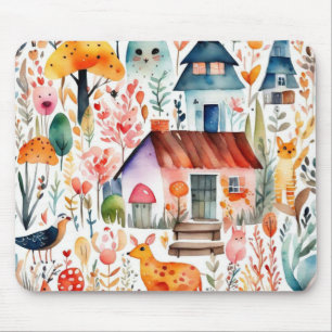Cottage core floral countryside animals houses  mouse pad