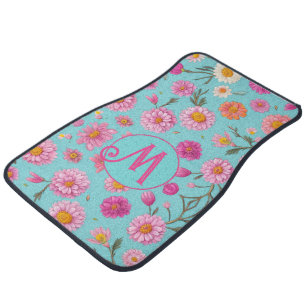 Cottage core floral white daisies pink flowers car floor mat