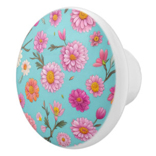 Cottage core floral white daisies pink flowers ceramic knob