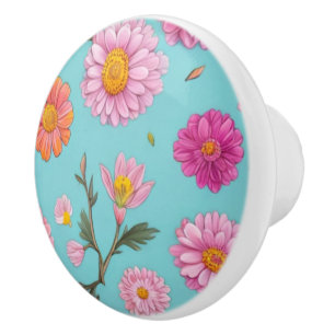 Cottage core floral white daisies pink flowers ceramic knob