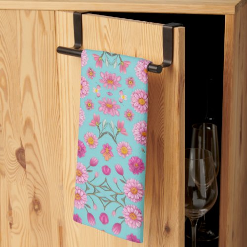 Cottage core floral white daisies pink flowers kitchen towel