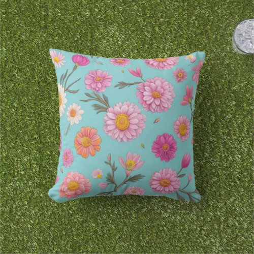 Cottage core floral white daisies pink flowers outdoor pillow