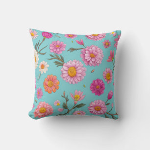Cottage core floral white daisies pink flowers throw pillow