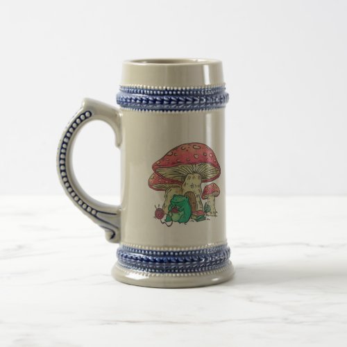 Cottage Core Frog Knitting under Mushroom  Frog  Beer Stein