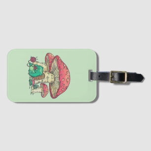 Cottage Core Frog Knitting under Mushroom Luggage Tag