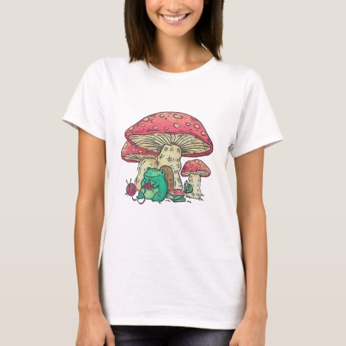 Cottage Core Frog Knitting under Mushroom T_Shirt