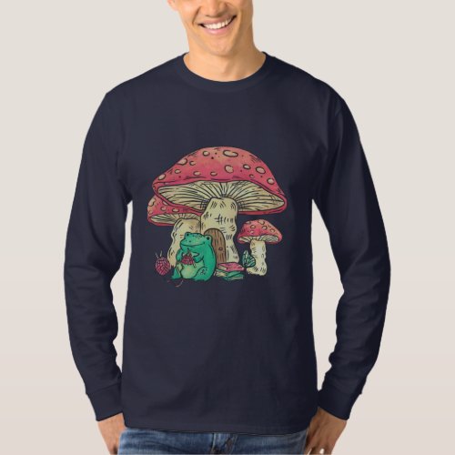 Cottage Core Frog Knitting under Mushroom  T_Shirt