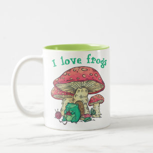 Cottage Core Frog Knitting under Mushroom  Two-Tone Coffee Mug