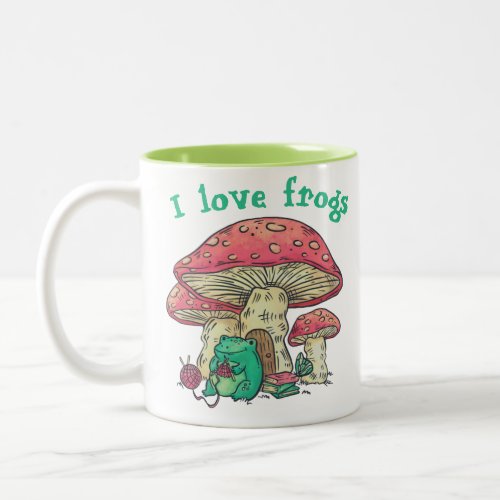 Cottage Core Frog Knitting under Mushroom  Two_Tone Coffee Mug