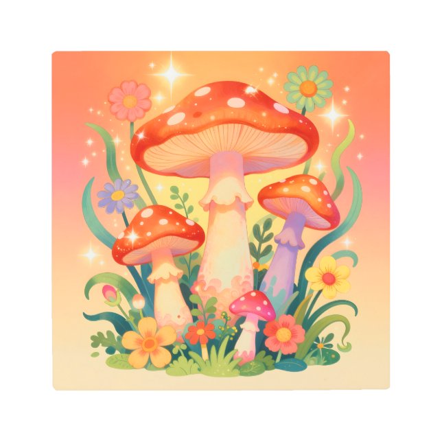 Cottage Core Mushrooms and Flowers Metal Print (Front)
