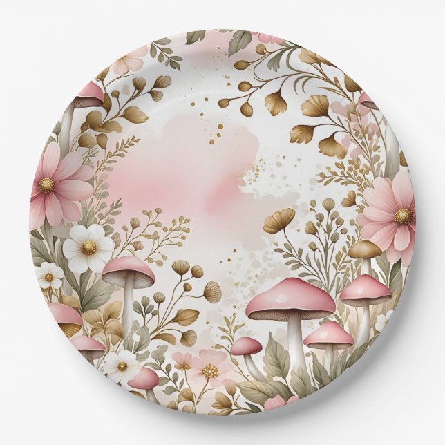 Cottage Core Mushrooms and Flowers Pink and Gold Paper Plates (Front)