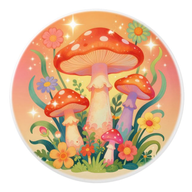 Cottage Core Mushrooms and Flowers Whimsical Ceramic Knob (Front)