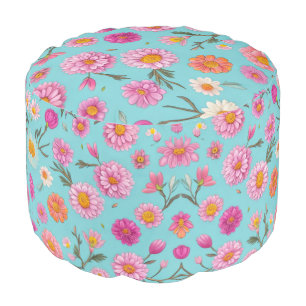 Cottage core pink white teal florals pouf