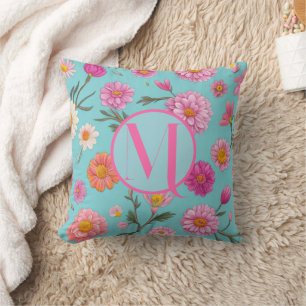 Cottage core pink white teal florals throw pillow