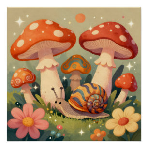 Cottage Core Snail and Musrhooms Poster