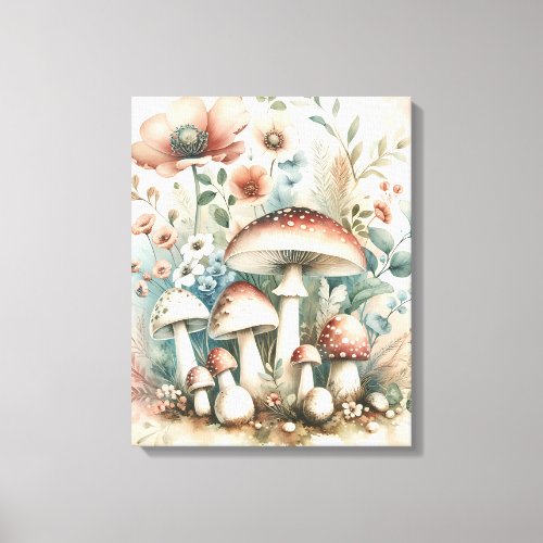 Cottage Core  Vintage Mushrooms and Flowers  Canvas Print