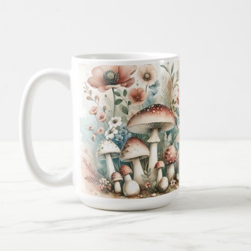 Cottage Core  Vintage Mushrooms and Flowers  Coffee Mug