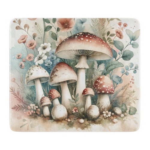 Cottage Core  Vintage Mushrooms and Flowers  Cutting Board