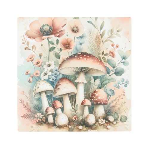 Cottage Core  Vintage Mushrooms and Flowers  Metal Print