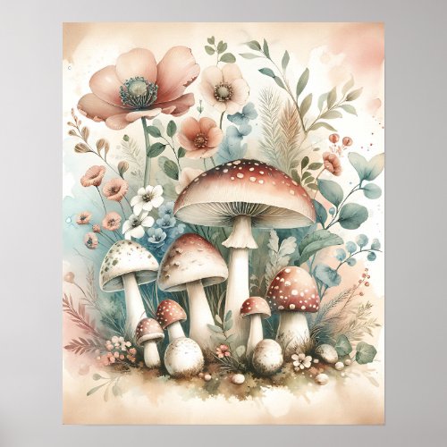 Cottage Core  Vintage Mushrooms and Flowers  Poster