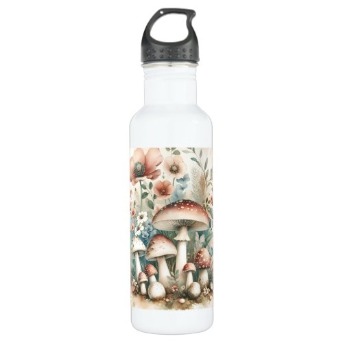Cottage Core  Vintage Mushrooms and Flowers  Stainless Steel Water Bottle