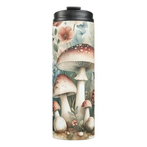 Cottage Core  Vintage Mushrooms and Flowers  Thermal Tumbler