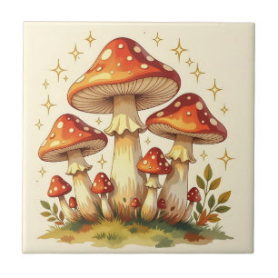 Cottage Core Vintage Mushrooms Art Ceramic Tile