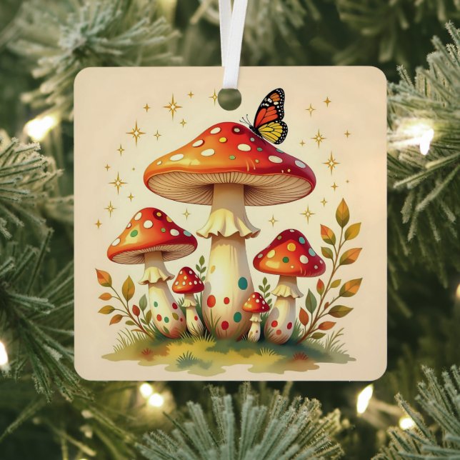Cottage Core Vintage Mushrooms Personalized Metal Ornament (Insitu)