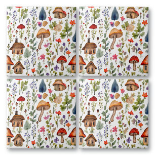 Cottage Core Whimsical Village, Mushrooms, Nature Ceramic Tile