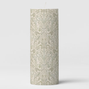 Cottage Country Decor Faded Green Floral Motif Pillar Candle