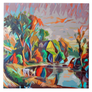 Cottage Cows Pond Landscape Abstract Art  Ceramic Tile